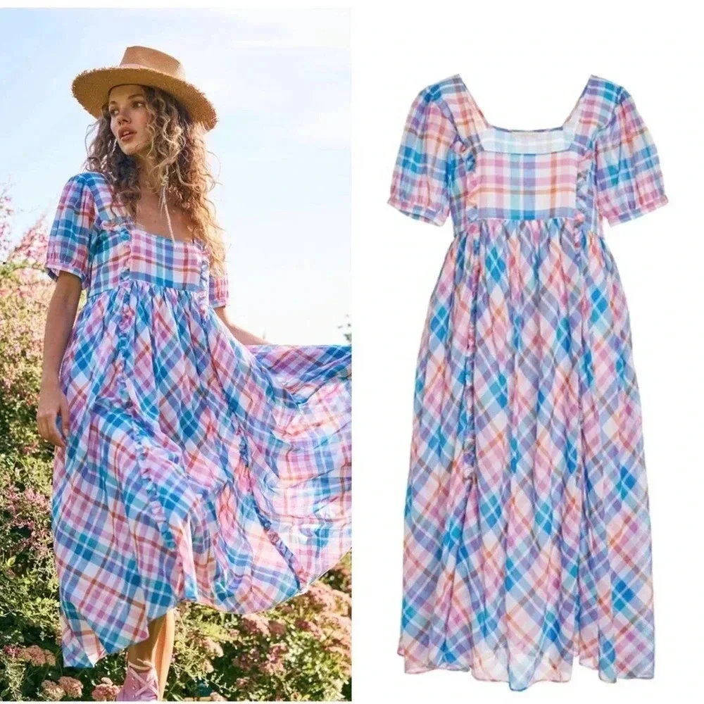 NWOT LoveShackFancy Kimball Plaid Dress - Square Neck Empire Waist Ruffle - Picture 1 of 6